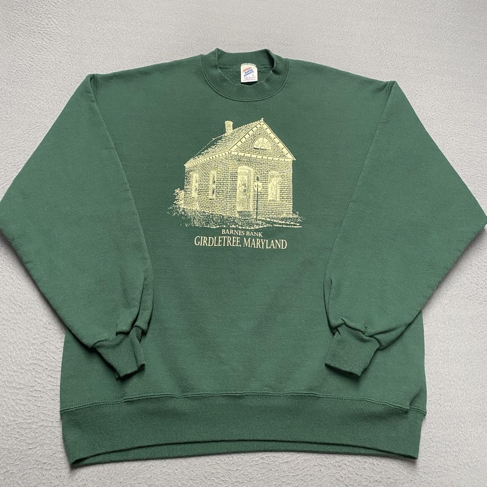 Vintage Jerzees Sweatshirt Mens Large Green Barnes Bank Girdletree Crewneck 90s‎